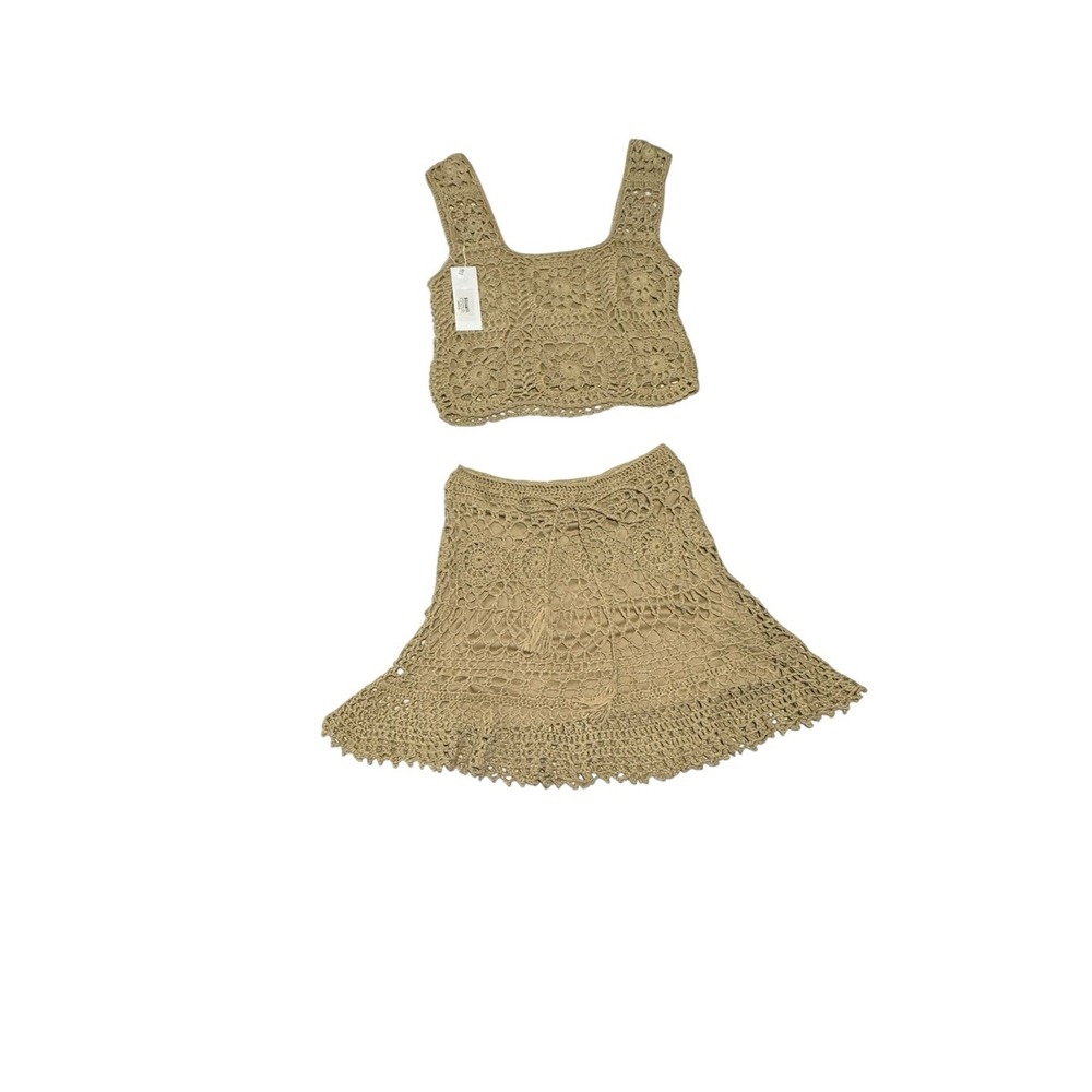 Lnable by Mable Tan Crochet Matching Set Crop Top Mini Skirt Boho Festival M - Picture 2 of 13